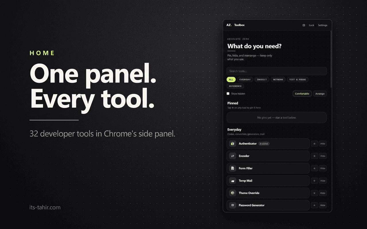 The Absolute Zero Toolbox side panel open in Chrome on its home screen — a searchable, pinnable list of 32 developer tools grouped as Everyday, Inspect, Network, Test & Probe and Reference