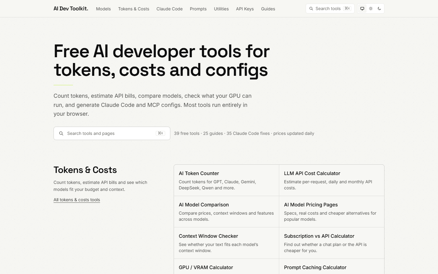The AI Dev Toolkit home page: free AI developer tools for tokens, costs and configs, with a token counter, LLM API cost calculator, model comparison and context window checker