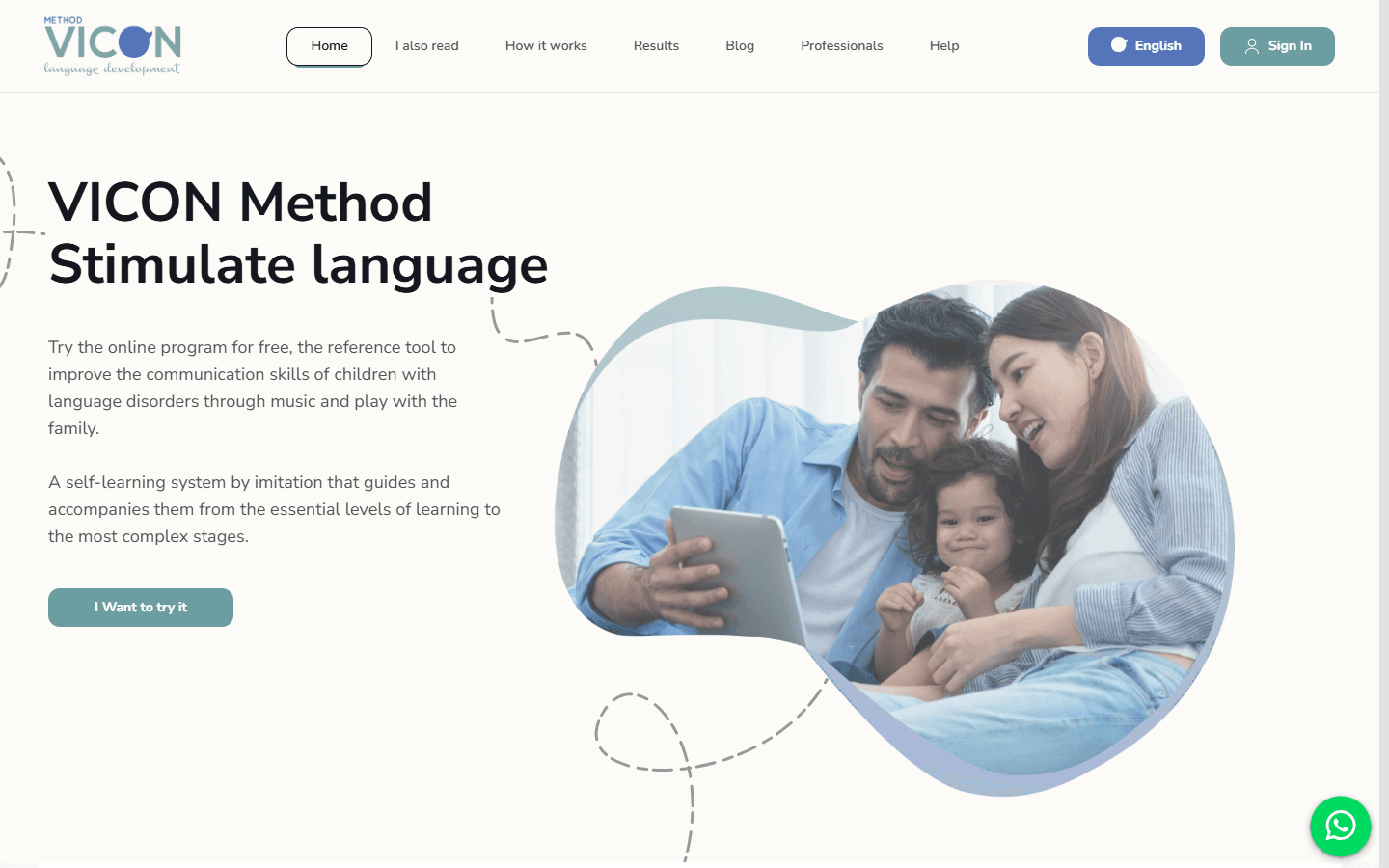The VICON Method landing page, showing a family using the learning program together