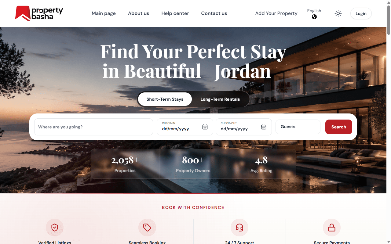 Property Basha's search page for short-term stays and long-term rentals in Jordan