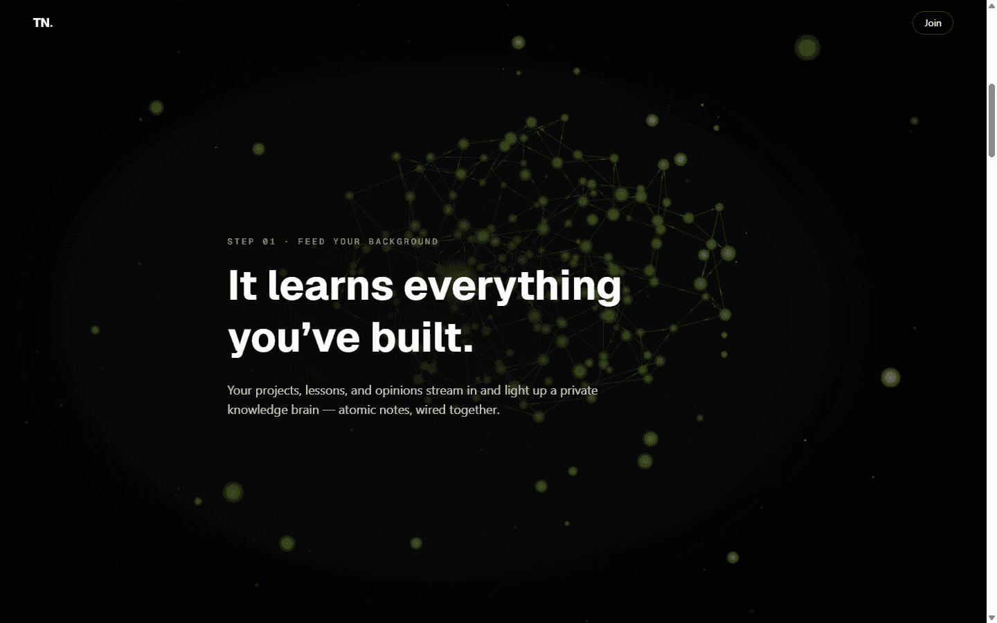 Throughline's knowledge brain — a network of connected notes built from real engineering work