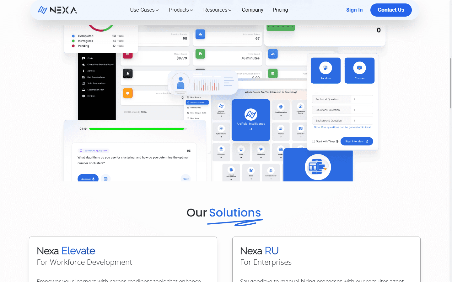 Trynexa platform screens showing skills gap analysis, AI interview practice and candidate dashboards
