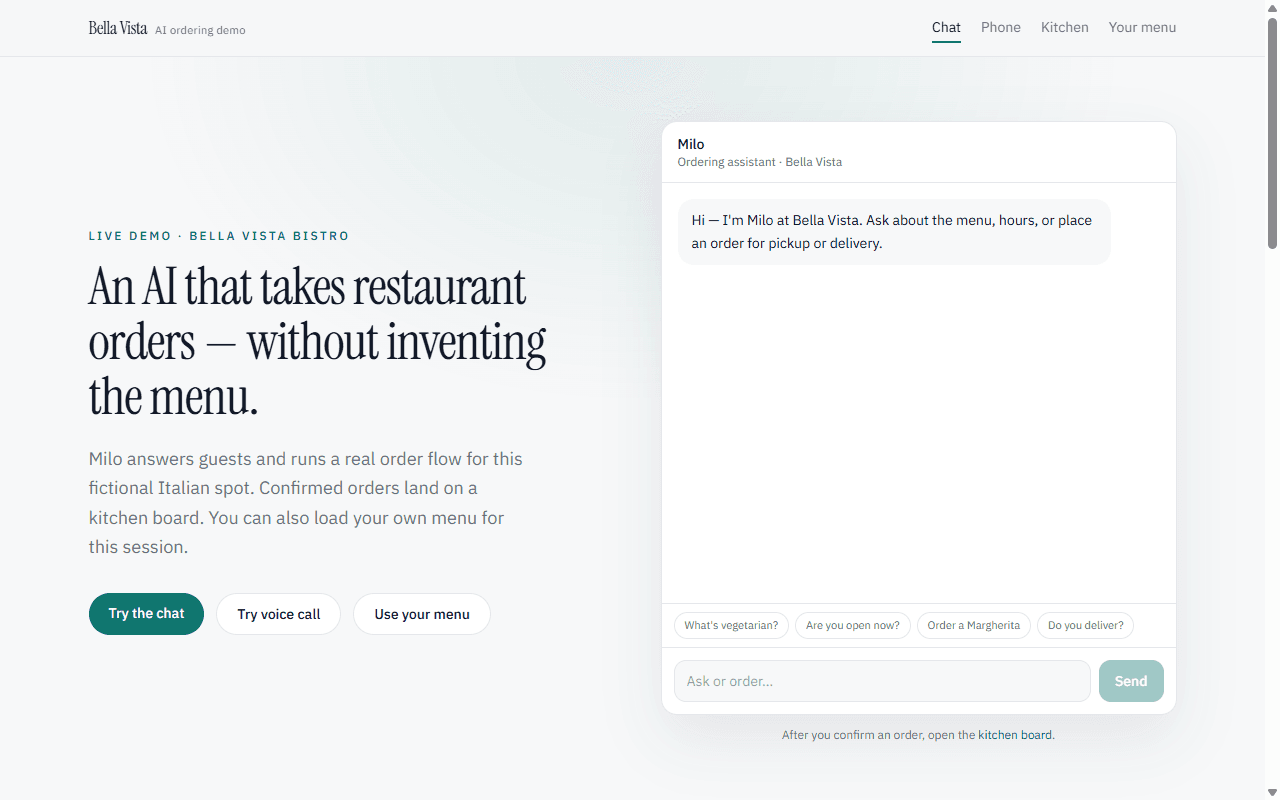 The Bella Vista ordering agent taking a restaurant order over web chat