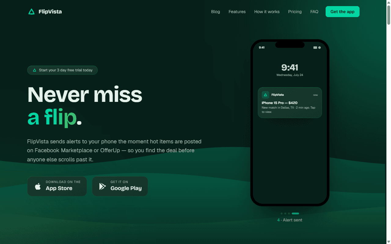 FlipVista's listing feed showing matched marketplace deals with alert settings
